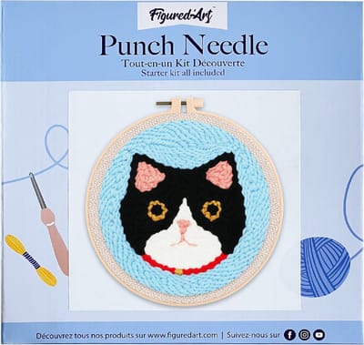 Figured'Art Punch Needle Kit voor Volwassenen en Kinderen - Kattenhoofd - Perfect voor Beginners. Compleet klaar-om-te-borduren set, maat 20x20 cm met ronde frame