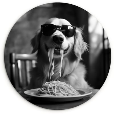 WallCircle® Wandcirkel 120x120 cm - Muurcirkel Golden Retriever - Hond - Vrolijk - Bord spaghetti - Zwart - wit - Muurdecoratie woonkamer - Wanddecoratie slaapkamer - Kamer decoratie accessoires - Ronde schilderijen XXL