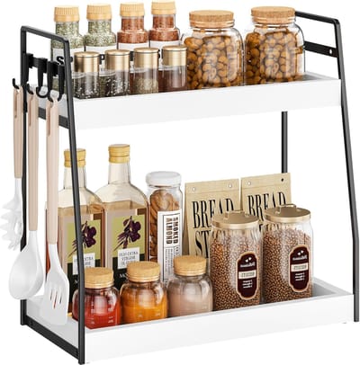 Famanu – Vrijstaande metalen opbergplank met houten leggers en haken, compacte organizer voor keuken badkamer kantoor en onderkast, wit