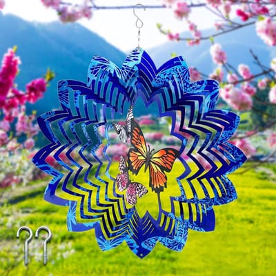 Grote Buiten Windspinner van Metaal met Wandbevestigingen en RVS Vlinder Sculpturen voor Tuin Decoratie (30x30cm)