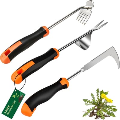 Set 3-Delig Roestvrijstalen Handonkruidwieders - Onkruidtrekker-Set - Rvs Onkruidwieder - Tuingereedschappen - Onkruidverwijderaar - Met Rubberen Handvat - Voor Tuin, Terras, Bloembedden en Trottoirs