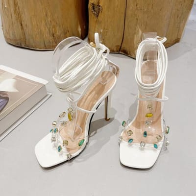 Kristal Diamant Transparante Sandalen Dames Schoenen Zomer Vierkante Neus Enkel Kruisband Hoge Hakken Stiletto Gladiator Schoenen 33