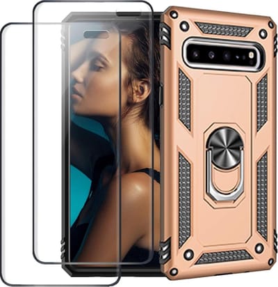 Telefoonhoesje Geschikt voor: Samsung Galaxy S10E hoesje Schokbestendige ring armor met 2X volledige schermdekking Screenprotector goud