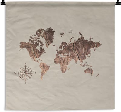 Wandkleed - Wereldkaart - Hout - Kompas - 120x120 cm - Wandtapijt