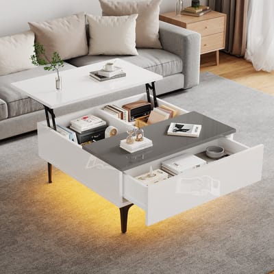 Sweiko Salontafel - Hoogglans - LED-verlichting - Verstelbaar hoogte - Met lade - Wit+Grijs