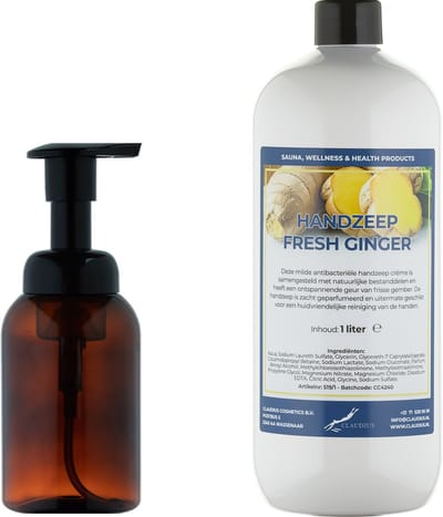 Zeepdispenser 300 ml amber bruin hervulbaar + 1 liter Handzeep Fresh Ginger navulling