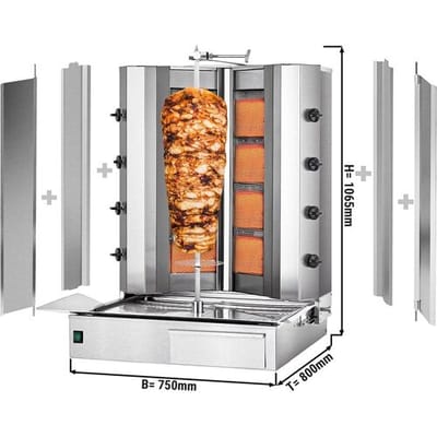 GGM Gastro Gas Gyros-/ Dönergrill - V-Form - 4+4 Brenner - max. 100 kg - inkl. 2 Schutzbleche & 2 Flügeltüren