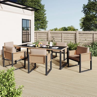 Tuin Eetset – Tafel En 6 Stoelen – Met Geharde Glazen Tafelblad En Afneembare Hoezen – Voor Terras En Tuin – Kunstrotan Zwart Bruin