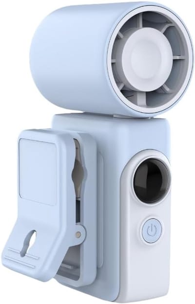 Deze draagbare ventilator heeft vier instelbare windsnelheden en een draaibaar ontwerp, waardoor hij geschikt is voor gebruik op elke locatie (blauw).