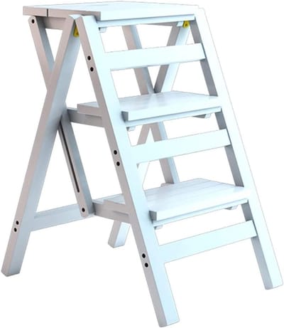 Opvouwbare Kruk - Opstapladder Stoel - Multifunctioneel Gebruik - Stabiele Bamboe Constructie - 3 Treden - Wit