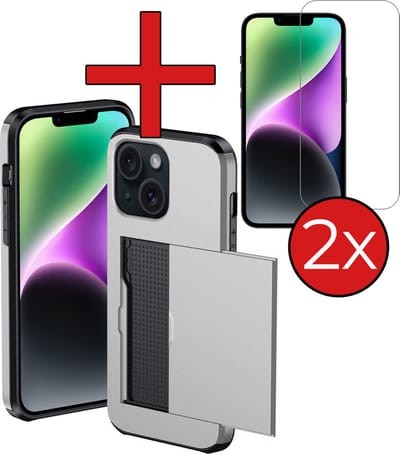 Hoesje Geschikt voor iPhone 14 Hoesje Met Pasjeshouder Hard Case Met Kaarthouder Met 2x Screenprotector - Hoes Geschikt voor iPhone 14 Hoesje Pashouder Case - Grijs