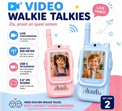 FivesquareNL Video Walkie Talkie voor Kinderen – Real-Time Videochat – 2.0" IPS Scherm – 300-500 Meter Bereik – Oplaadbaar – Set van 2 – Roze & Blauw