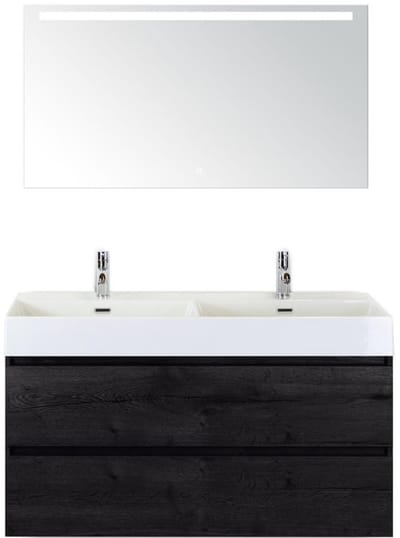 Maxx XL Badmeubelset 120 cm - Black Oak - Wastafel Kube Dubbel 2 Kraangaten met Sence Spiegel