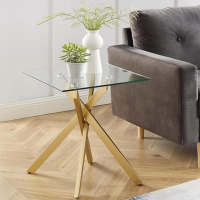 Vierkante bijzettafel - Glazen tafel - Moderne woonkamer - Gehard glazen blad - 50x50x55 cm - Goud