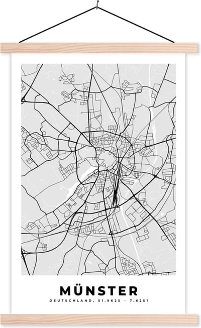 Posterhanger incl. Poster 40x60 cm - Schoolplaat - Plattegrond - Duitsland - Münster - Kaart - Stadskaart - Textielposter - Blanke latten - Stadskaart