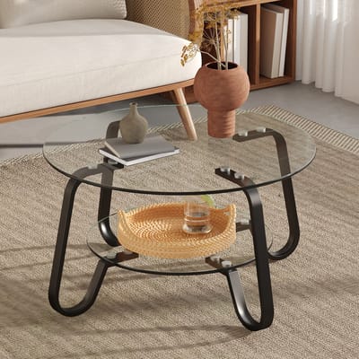 Wishdor - Salontafel - Tweelaags Veiligheidsglas - Industrieel - Voor Woonkamer - Metaal En Glas - Zwart