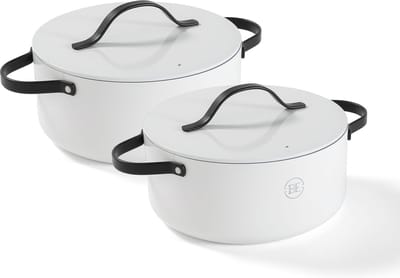 BE Living 2-delige Braadpannenset - Ø 24 & 28 cm - Stoofpan - Stoofpot - Kookpan - Keramisch - PFAS Vrij Anti Aanbak - Inductie Pannenset - Wit - Essential Series