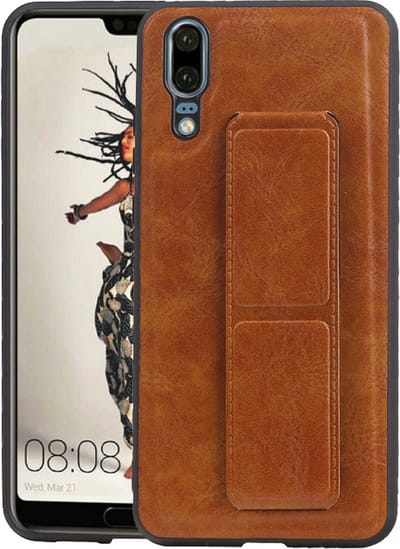Grip Stand Hardcase Backcover - Telefoonhoesje - Achterkant Hoesje - Geschikt voor Huawei P20 - Bruin
