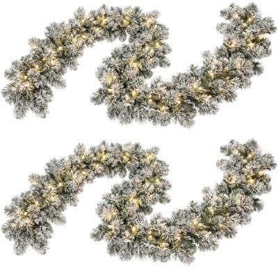 Everlands Imperial Dennenslinger - 2x - sneeuw - met verlichting - 270 x 12 cm - kunststof - kerstslinger