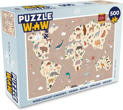 Puzzel Wereldkaart kinderen - Dieren - Bruin - Jongens - Meisjes - Legpuzzel - Puzzel 500 stukjes