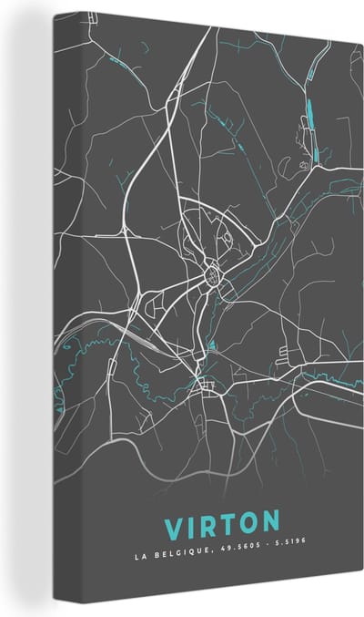 Canvas Schilderij Kaart – Plattegrond – Stadskaart – Virton – België - Grijs - 20x30 cm - Wanddecoratie