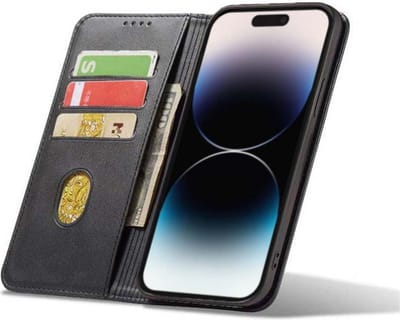 Smartphonica iPhone 14 Pro Max kunstleren hoesje met magnetische sluiting en pashouders book case - Zwart geschikt voor iPhone 14 Pro Max