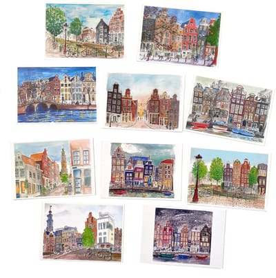 Amsterdam ansichtkaarten | A6 formaat | liggend | 10 verschillende designs | handgetekend | kunstkaarten
