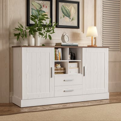 DESMIU Dressoir - Ruime Opbergkast Met 2 Deuren En 2 Lades - Voor Woonkamer En Eetkamer - Spaanplaat - 140x40x79,5 Cm - Wit Bruin