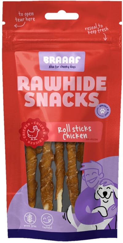 Braaaf Hondensnack Rol Sticks Kip 12 cm - 10 x 80 gr - Voordeelverpakking
