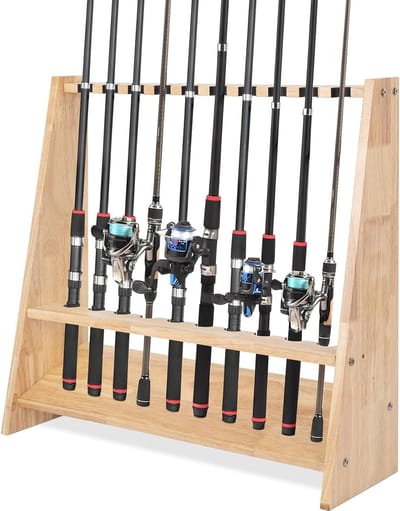 Houten hengelstandaard met 10 houders en montagemateriaal, 60 x 18 x 58 cm, ideaal voor vissers