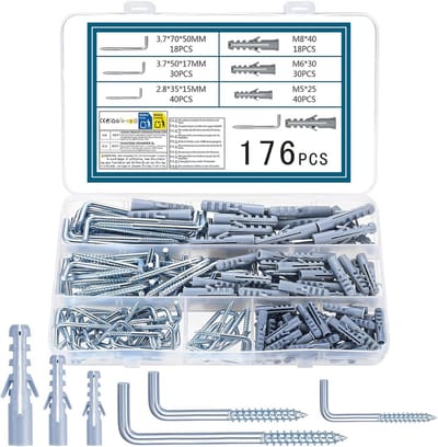 SnelShoppen - 176 Stuks L Haakjes met Dowel Schroeven Set, Fotohaakjes voor Schroeven, Plug Set, Schroefhaken, Rechte Wandhaakjes, Metalen Haken voor