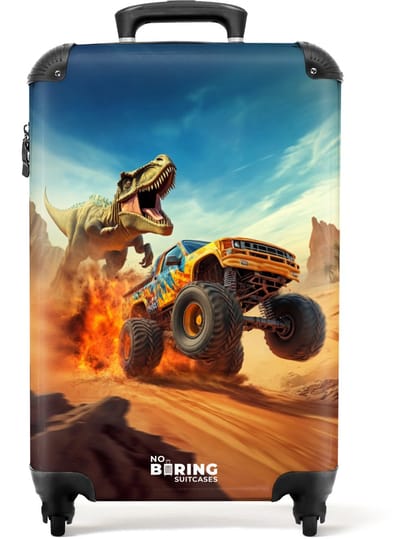 NoBoringSuitcases.com® - Kinderkoffer jongen - Kindertrolley jongens - Vluchtende truck voor T-Rex in vurige woestijn - Handbagage koffer lichtgewicht - Reiskoffer trolley kinderen - Rolkoffer met wieltjes - Past binnen 55x40x20 en 55x35x25