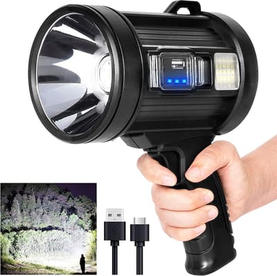 Cuhostki 1 Stuks LED Zaklamp - Zoeklicht 9000 Lumen Oplaadbaar Zwart - IPX5 Waterdicht Met Solar Powerbank Functie