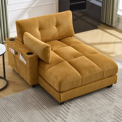 REDOM - Loungestoel Met Verstelbare Hoofdsteun En Bekerhouders - Modern - Voor Woonkamer Of Slaapkamer - Ribfluweel - Mosterdgeel