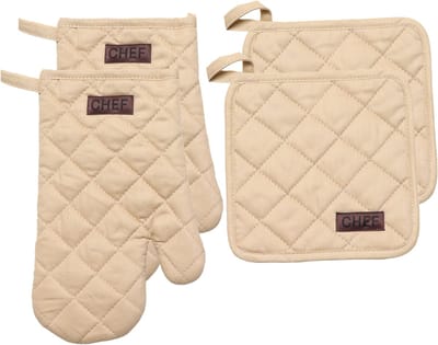 Luance Ovenwant set met pannenlap - 2x - beige - katoen - 18 x 28 cm - chef - keukenbenodigdheden