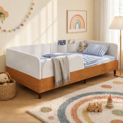 HAUSS SPOLE Kinderbed 90x200cm - Gestoffeerd Bed Met 2 Opbergtassen Zonder Matras - Omrand Design Van Fluweel En Hout - Wit