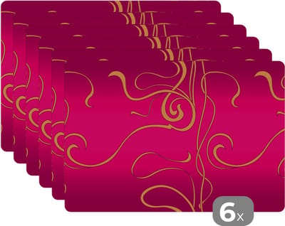 Placemat - Placemats kunststof - Art nouveau - Goud - Roze - Patronen - 45x30 cm - 6 stuks - Hittebestendig - Anti-Slip - Onderlegger - Afneembaar