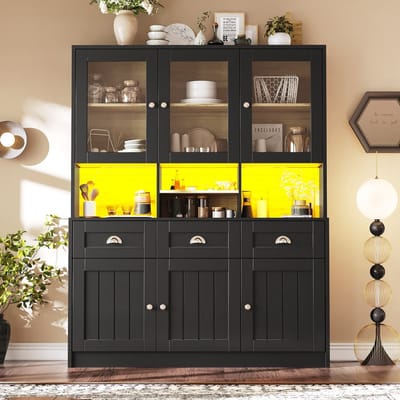 MODFU - Keukenkast - Met Ledverlichting En Verstelbare Planken - Retro - MDF - Zwart - 140 x 40 x 175 cm