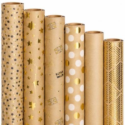 Cadeaupapier Set – Golden Kraft Collection (6 Stuks) – 200×70 cm – Kraft, Goud, Wit & Zwart – Stippen, Sterren, Cadeautjes, Effen & Geometrische Prints – Inpakpapier