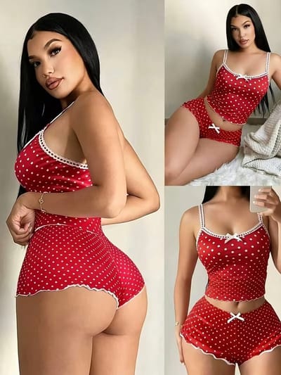 Dames pyjamaset met hemdje en korte broek, contrasterende stippen, kanten patchwork, nauwsluitend, 2-delig