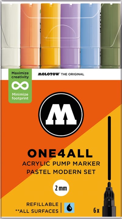 Molotow ONE4ALL Acrylstiften Set van 6 Pastel tinten - Acryl markers - 2mm breed - hervulbaar - alle ondergronden
