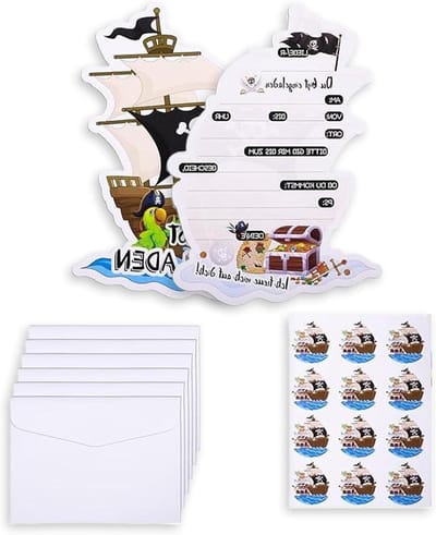 Piraten uitnodigingen voor kinderverjaardag - set van 12 feestkaarten met enveloppen en stickers voor een avontuurlijk piratenfeest