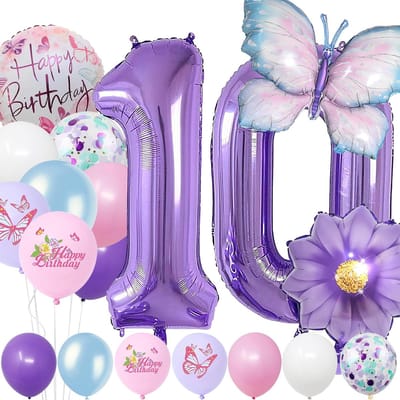 Dailygoods- Folieballonnen Set van 10 - Verjaardagsdecoratie - Cijfer 10 Ballonnen - Vlinder/Bloemen - Kinderen - Feestdecoratie - Verjaardagsballonnen