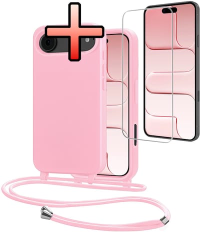 Hoes Geschikt voor iPhone Air Met Telefoonkoord Met Screenprotector - Siliconen Hoesje Backcover Met Ketting - Lichtroze