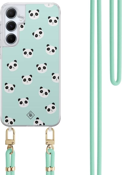 Casimoda® hoesje met koord - Geschikt voor Samsung A35 - Panda Print - Afneembaar koord - TPU/polycarbonaat - Mint