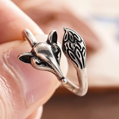 Bague Ouverte Renard Mignon CAOSHI Couleur Argenté pour Femmes Esthétique Fête Vintage Accessoire Doigt Féminin Bijou Scintillant Cadeau resizable black