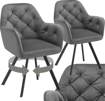 tectake® Draaistoel Fluweellook – Eetkamerstoel met Armleuningen – Ergonomische Zitting en Rugleuning – 180° Draaibaar – Moderne Stalen Poten – Set van 2 – Antraciet