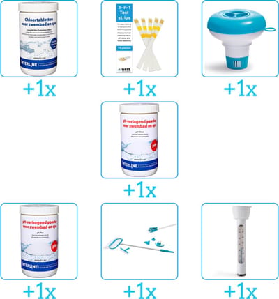 Zwembad Onderhoudspakket - Onderhoud Zwembad - bevat Chloor - Testrips - Chloordrijver - PH-min - PH-plus - Schoonmaakset en Thermometer (7-delig)