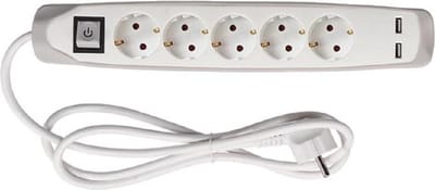 Perel Stekkerdoos met schakelaar, 5 stopcontacten met randaarde (Schuko, type F), 2 USB-poorten, kabel 1.5 m, 3G1.5, gebruik binnenshuis, wit
