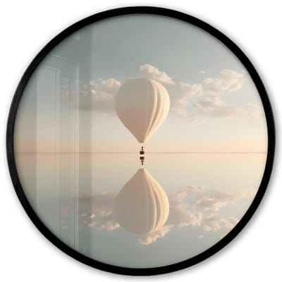 Poster in lijst Rond - Fotolijst 40x40 cm - Posters - Luchtballon - Wolken - Water - Blauw - Ronde posterlijst zwart - Decoratie - Wanddecoratie woonkamer - Muurdecoratie slaapkamer